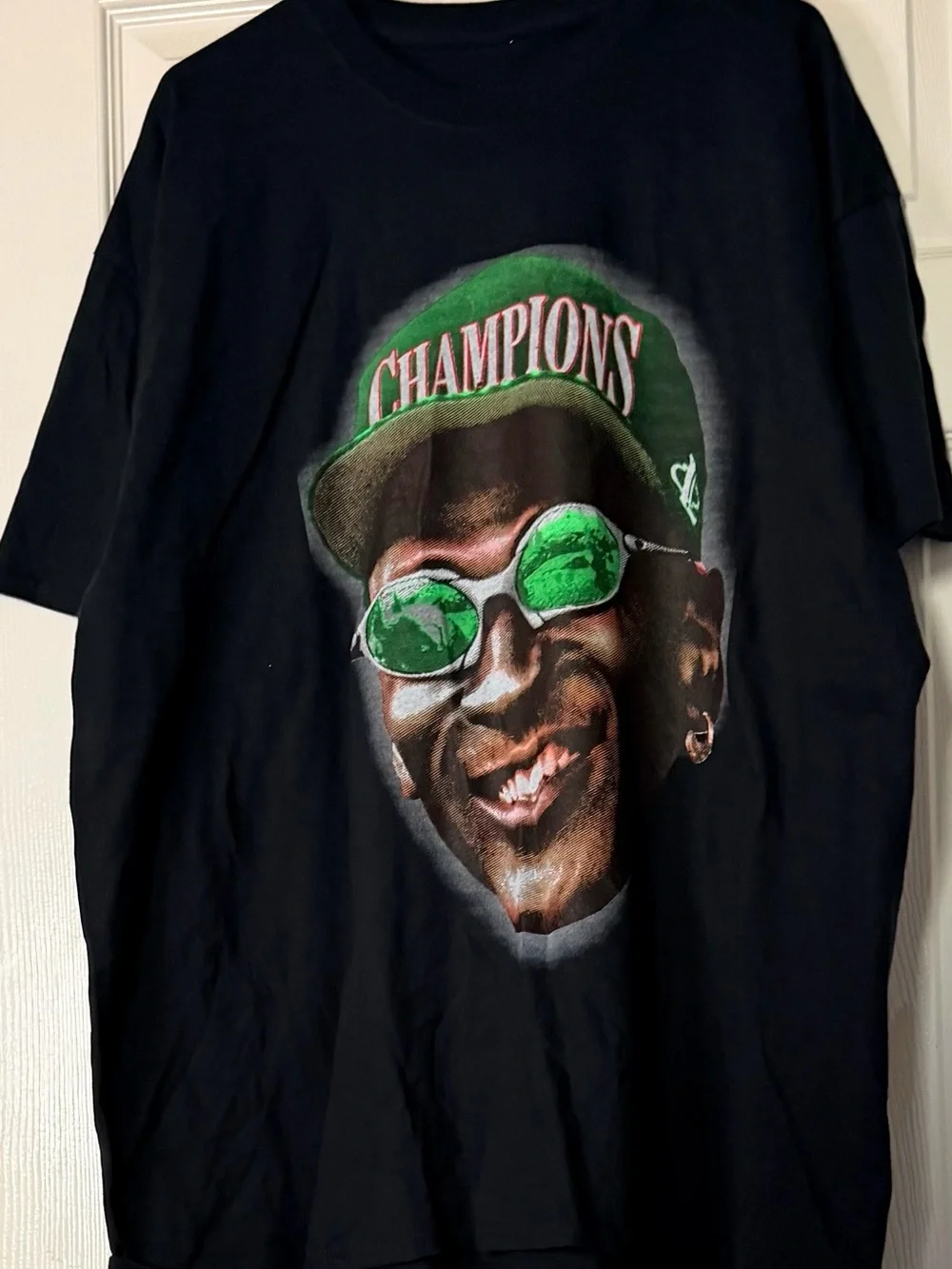 Black Graphic Tee with Green 'Champions' Cap Print Micheal Jordan